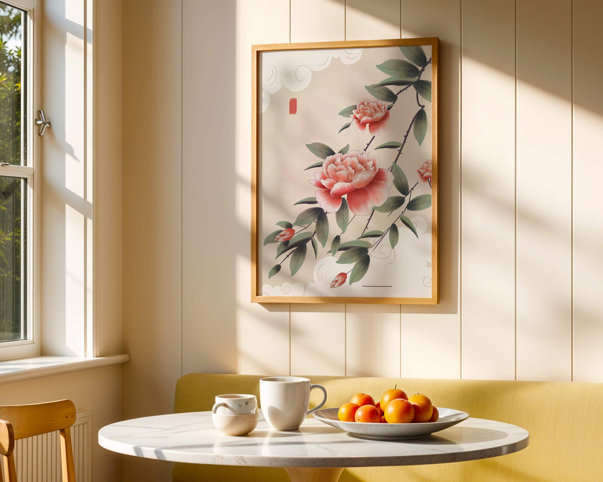 Oriental floral illustration with pink peonies and calligraphy