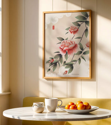 Oriental floral illustration with pink peonies and calligraphy