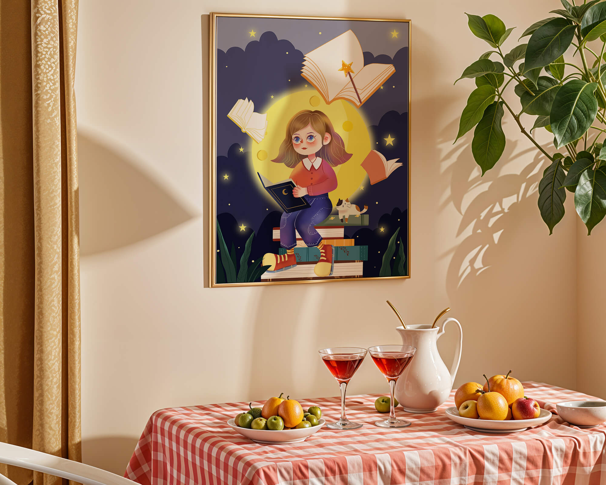 Illustration of a girl reading books under a starry night sky