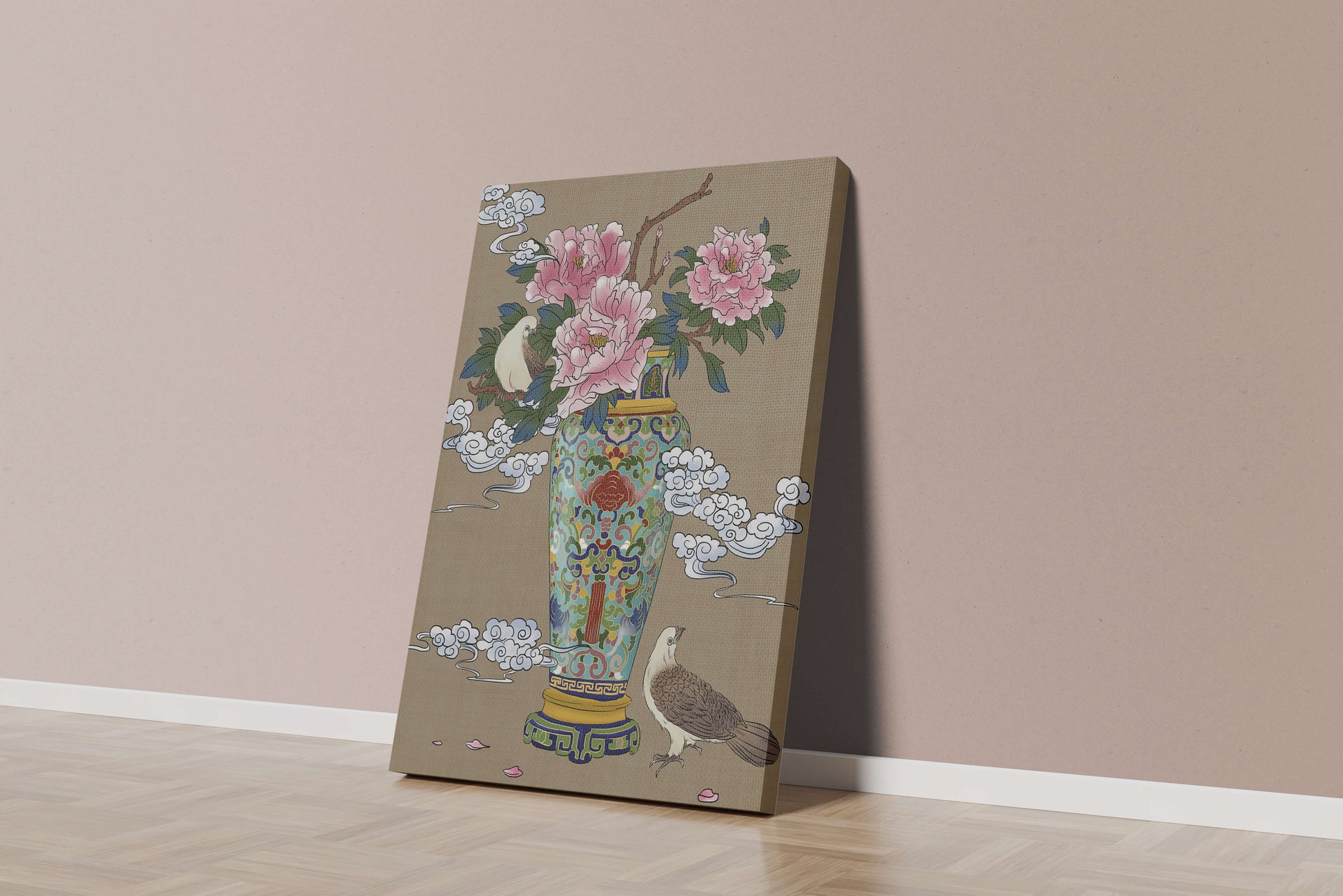 Elegant Asian Style Vase with Peonies and Birds