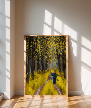 Man Walking Through a Sunny Forest with Golden Leaves