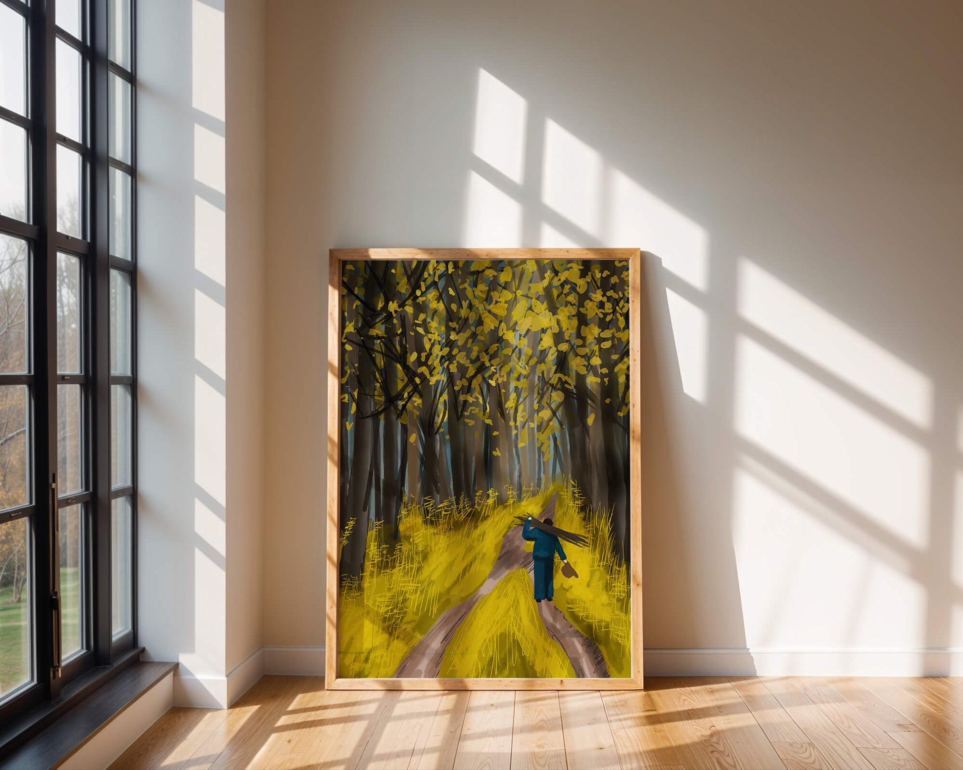 Man Walking Through a Sunny Forest with Golden Leaves