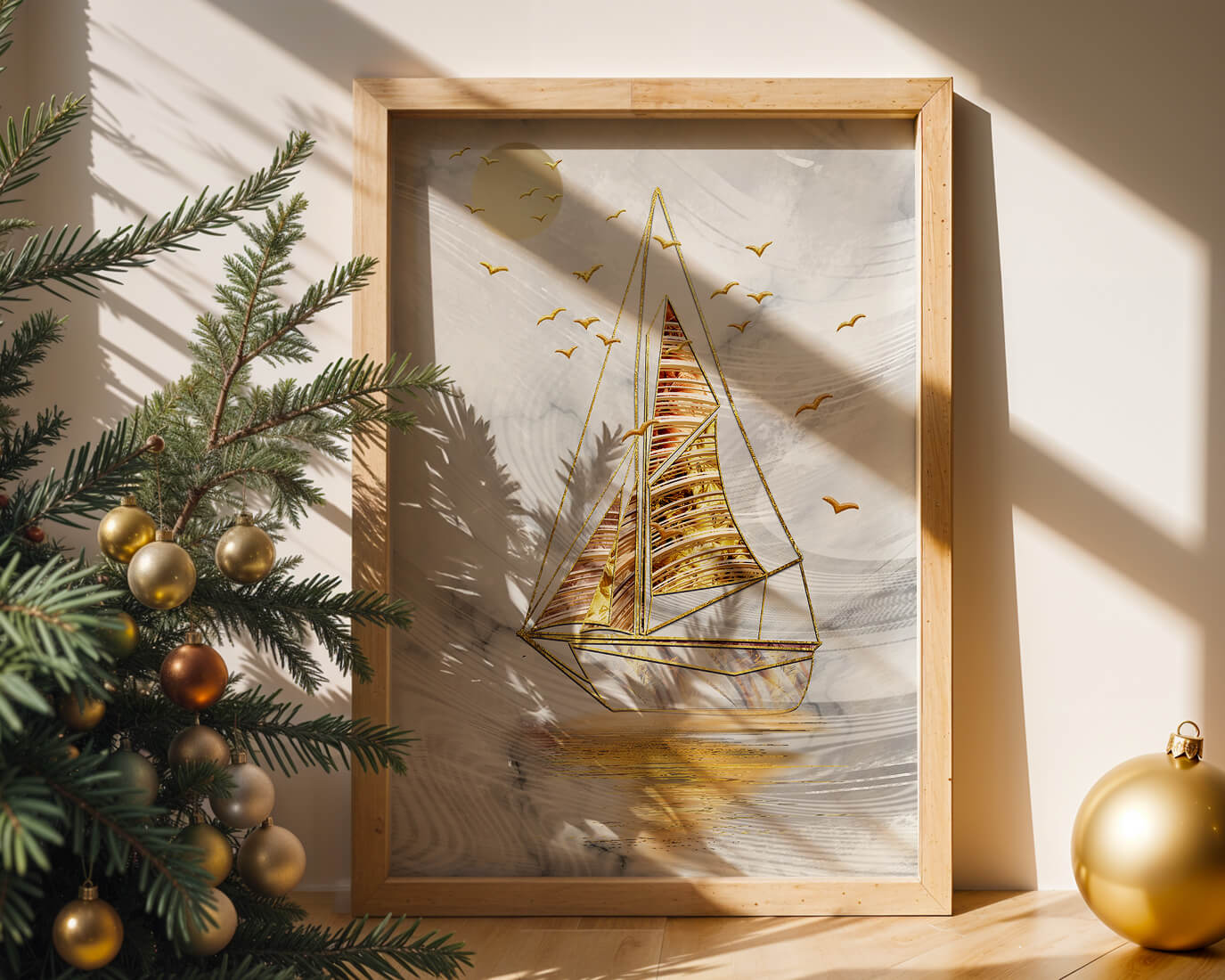 Elegant sailboat with gold elements against a textured sky