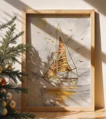 Elegant sailboat with gold elements against a textured sky