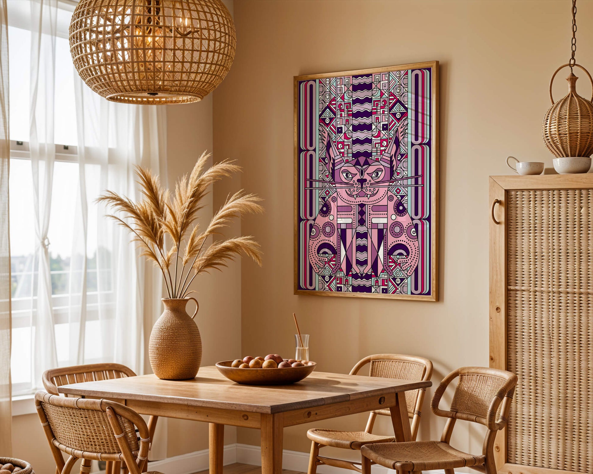 Art de chat géométrique coloré avec motifs abstraits en tons pastel