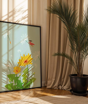 Whimsical illustration of a girl flying with dandelions in a colorful floral scene