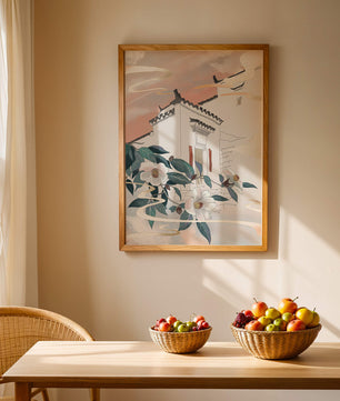 Escena arquitectónica serena con flores y cielo de atardecer