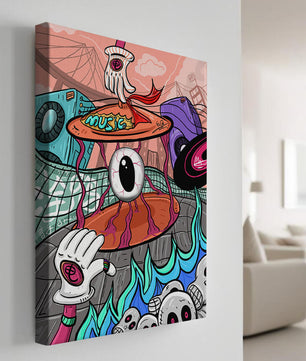 Ilustración abstracta surrealista colorida con un ojo vívido y elementos surrealistas