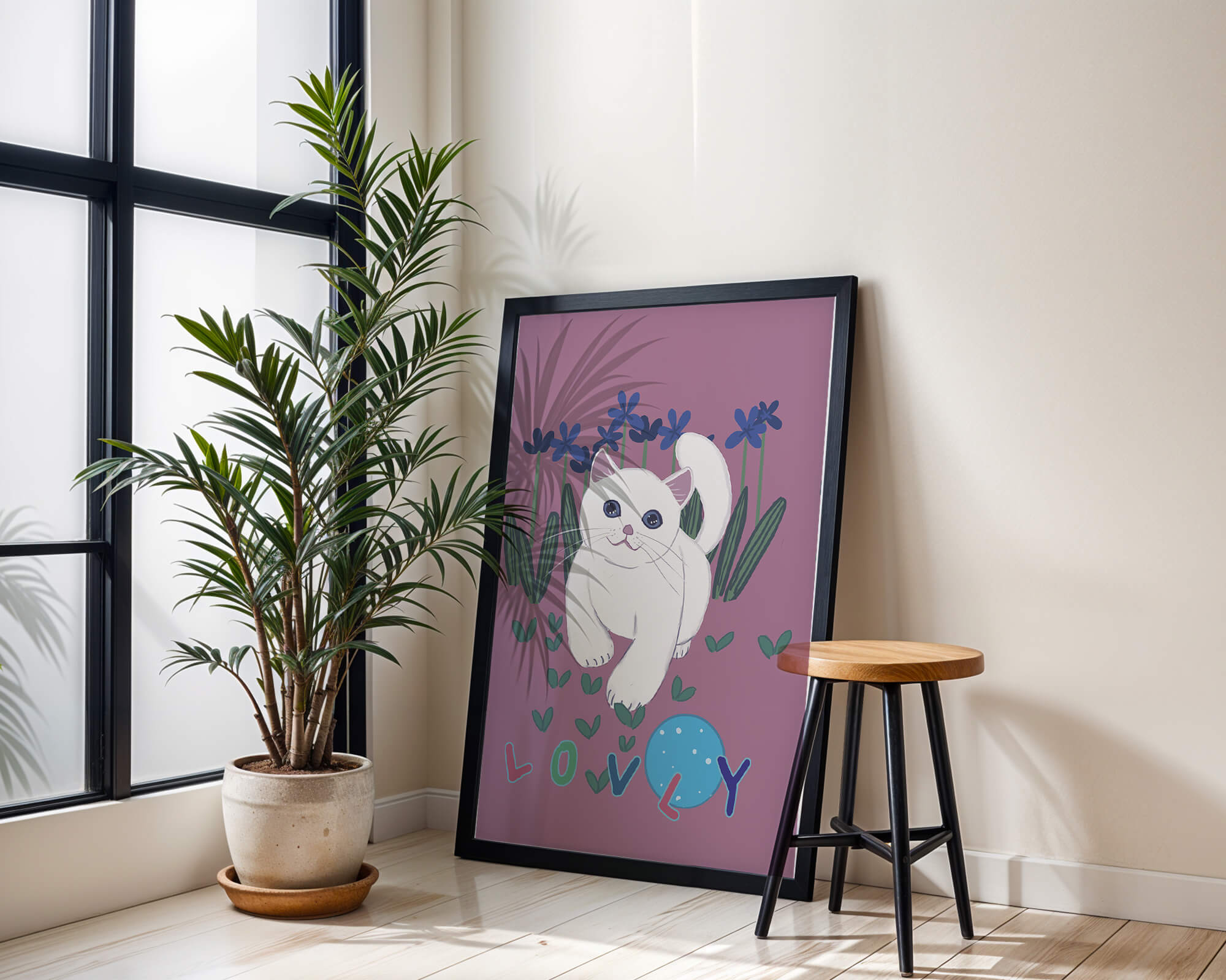Charming illustration of a white cat in a floral field with playful text