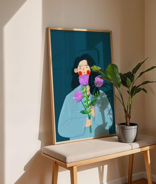 Illustration of a woman with purple flowers on a teal background