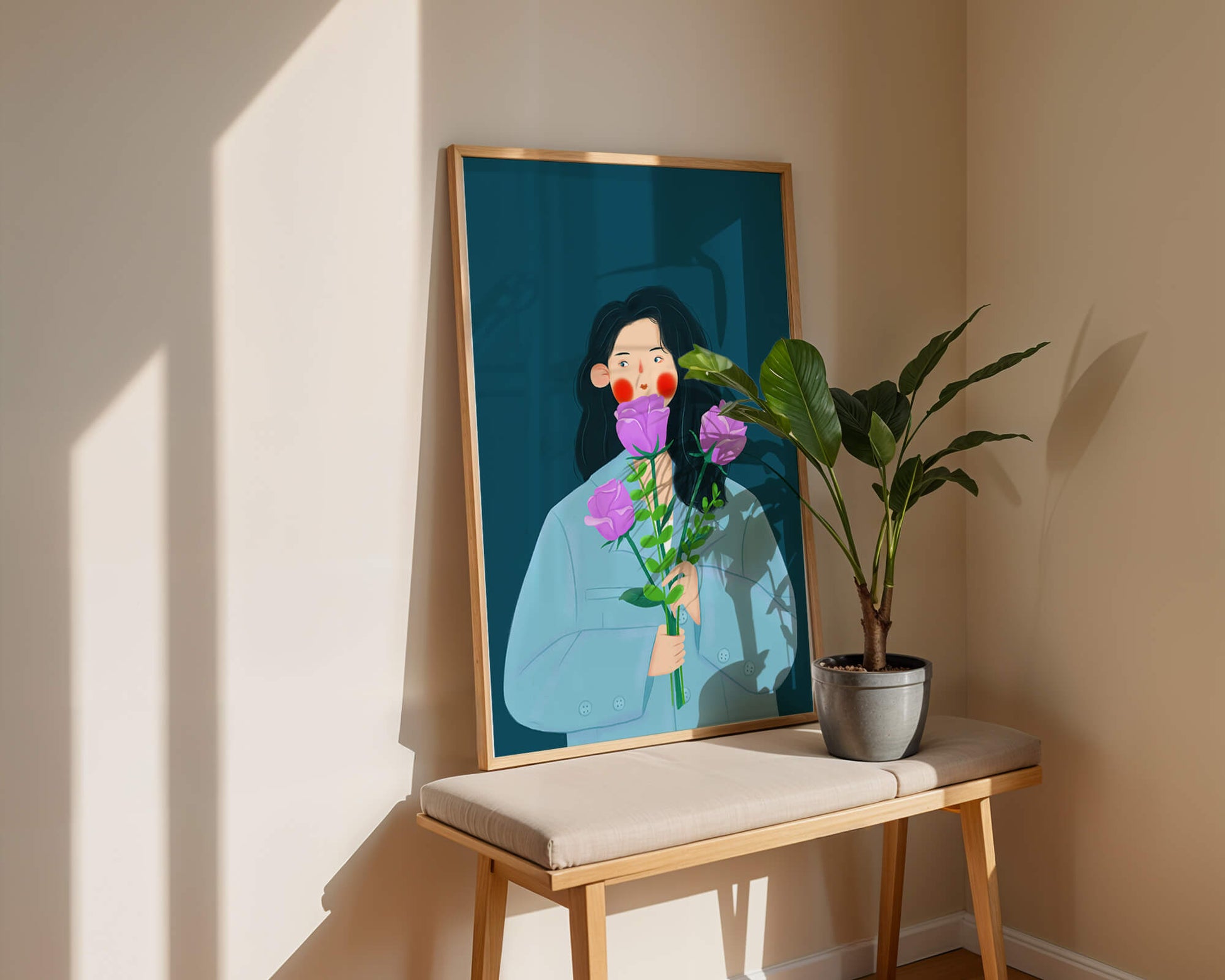 Illustration of a woman with purple flowers on a teal background
