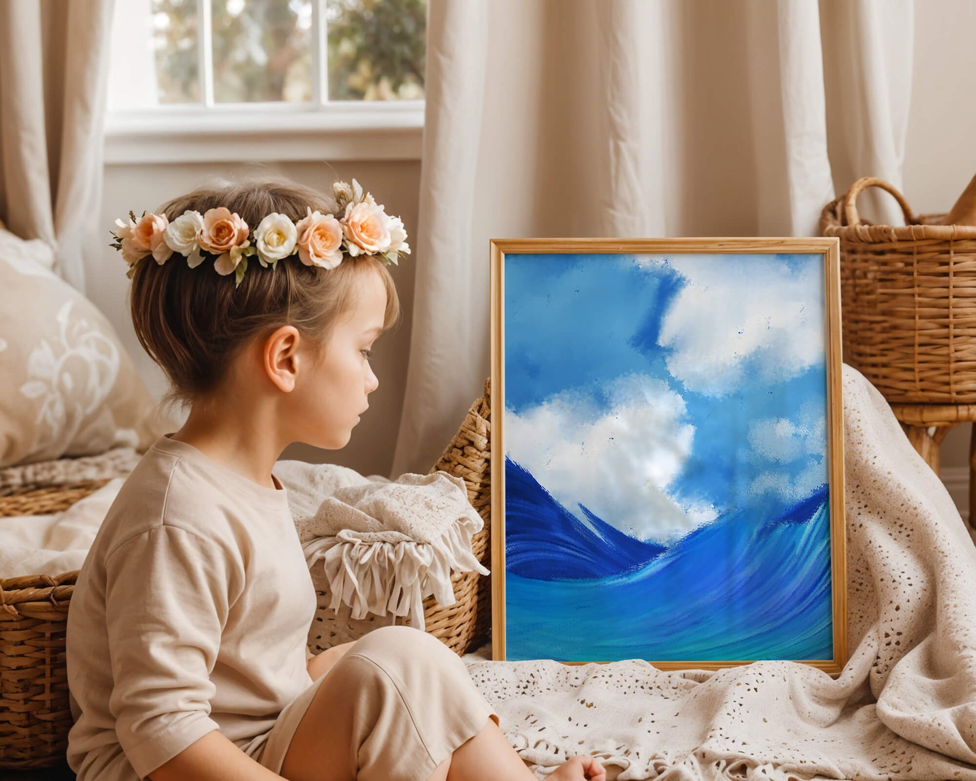 Beautiful ocean waves under a cloudy sky artwork