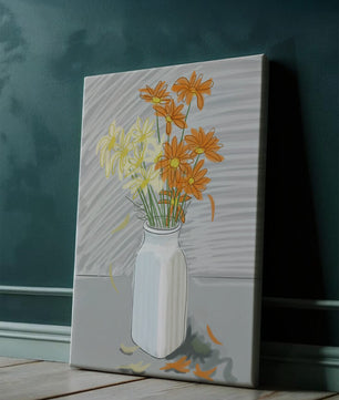 Vibrant daisies in a white vase illustration