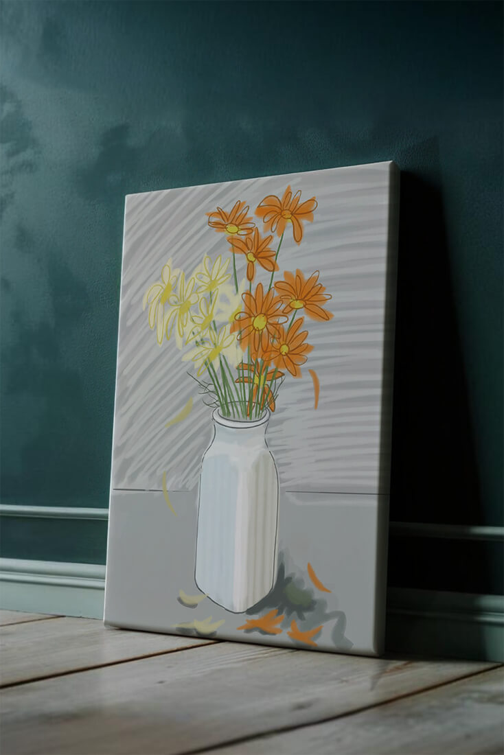 Vibrant daisies in a white vase illustration