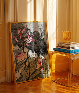 Illustration complexe de fleurs de lotus roses avec des feuilles