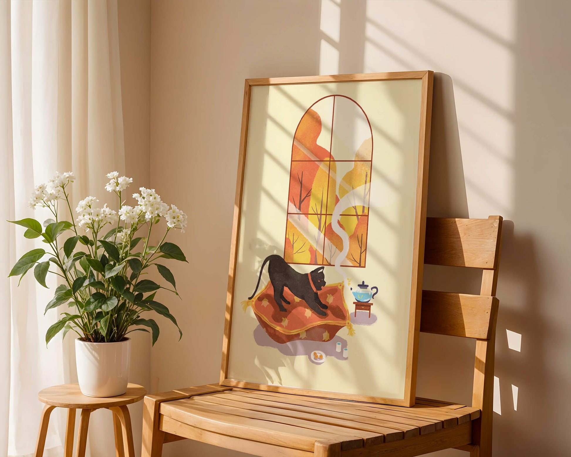 Black Cat Relaxing on Cozy Pillow with Scenic Window View