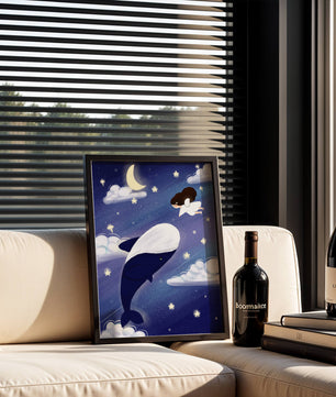 Whimsical night scene with flying angel and whale