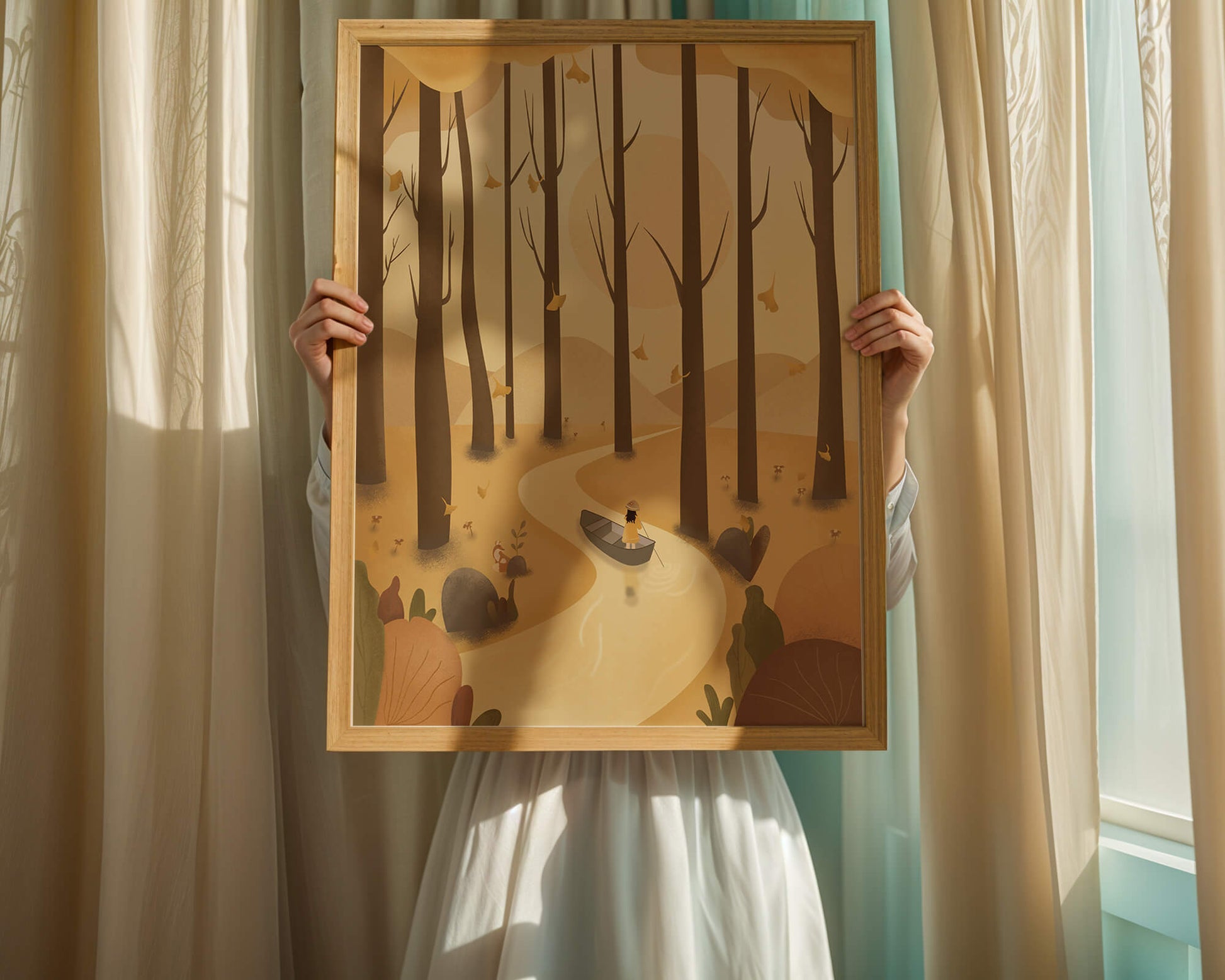 Serene autumn forest with river and boat in digital art scene
