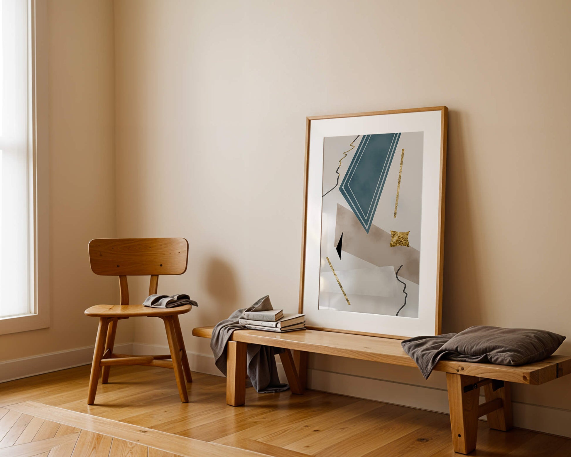 Abstract geometric artwork with gold accents and dynamic shapes