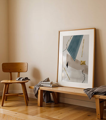 Abstract geometric artwork with gold accents and dynamic shapes