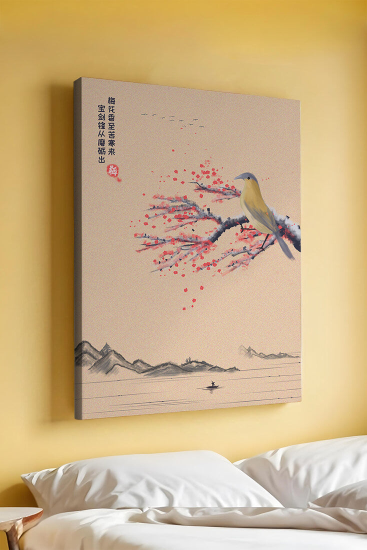 Traditional Chinese painting with bird and blossom branch over tranquil landscape