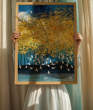 Paisaje abstracto con follaje dorado y aves voladoras