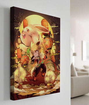 Fantasy scene with rabbit and character amid fireworks and lanterns