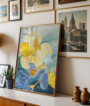 Abstract Floral Art with Golden Accents on Blue Background