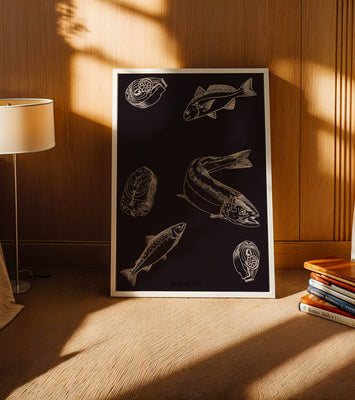 Detailed illustration of fish and seafood elements on dark background