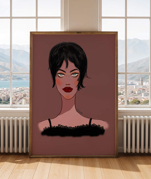 Illustration einer Frau mit kurzen schwarzen Haaren und auffälligem Make-up auf braunem Hintergrund