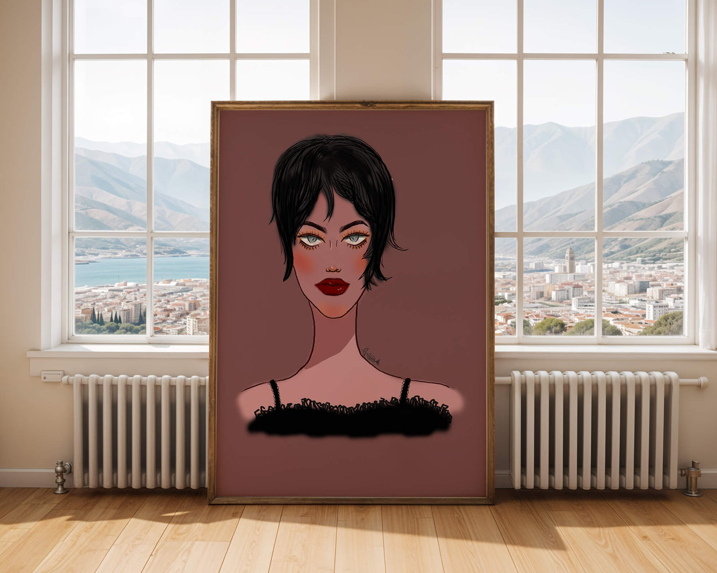 Illustration of a woman with short black hair and striking makeup on a brown background