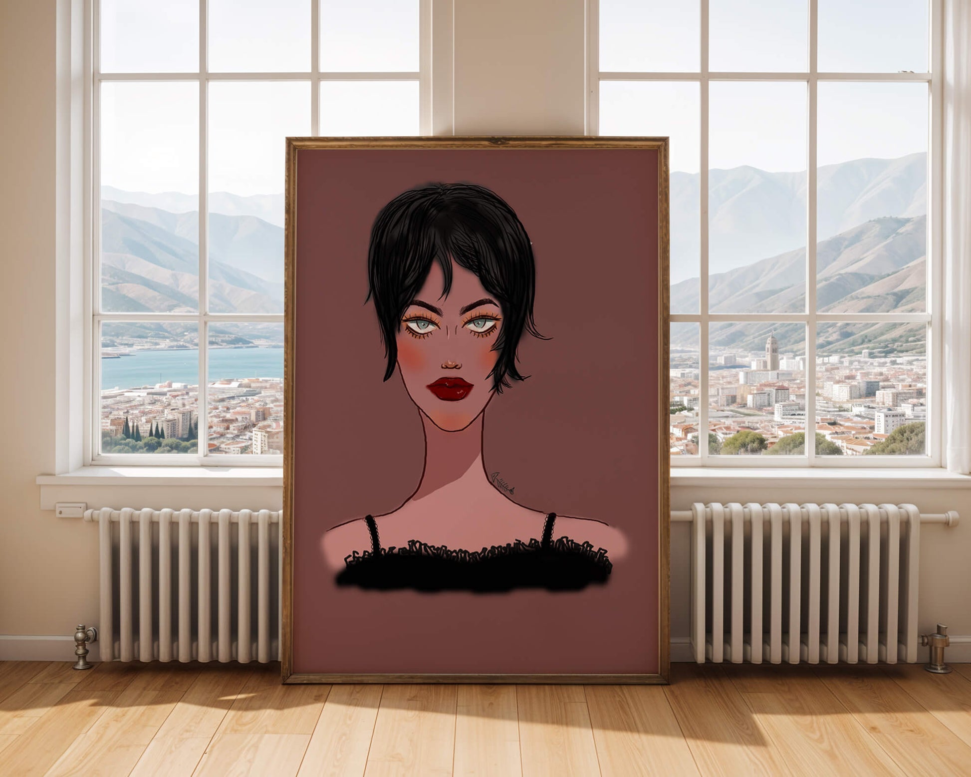 Illustration of a woman with short black hair and striking makeup on a brown background