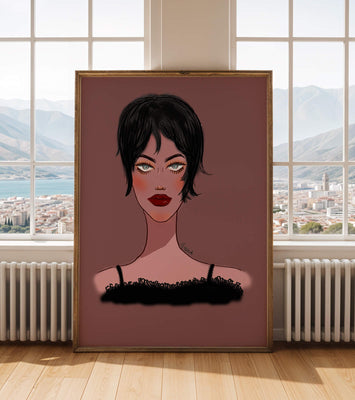 Illustration of a woman with short black hair and striking makeup on a brown background