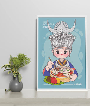 Charming illustration of a person in traditional attire enjoying a meal