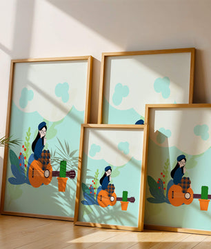 Illustration of a woman with coffee sitting on a guitar surrounded by foliage