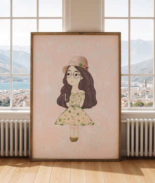 Ilustración encantadora de una niña con vestido y sombrero floral