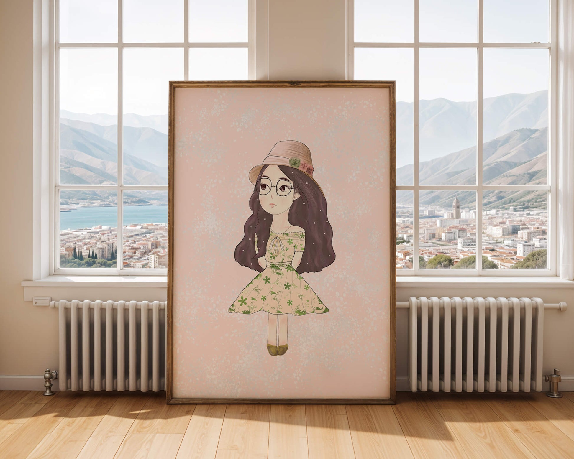 Charming illustration of a girl in a floral dress and hat