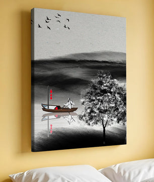 Voyage paisible en bateau dans un paysage serein avec oiseaux et arbre