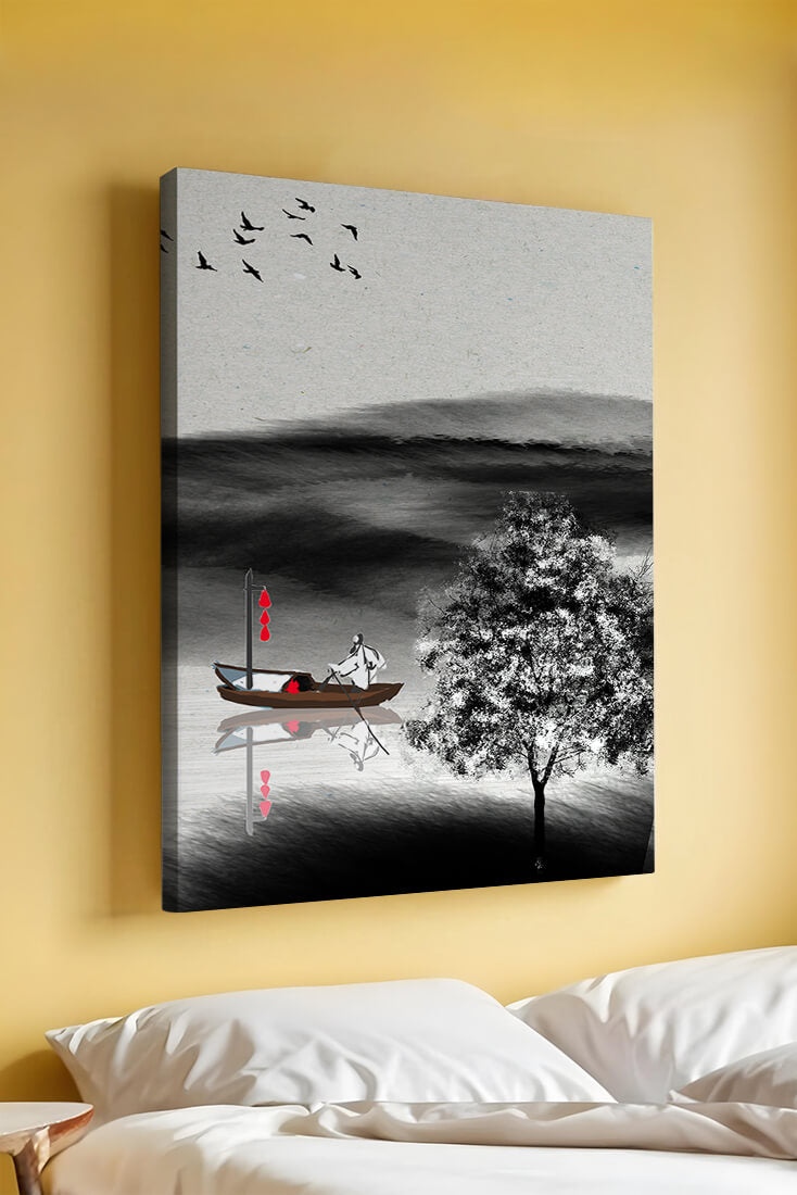 Tranquilo viaje en barco en un paisaje sereno con pájaros y árbol