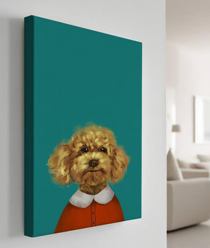 Portrait de caniche charmant en tenue de fête sur fond turquoise