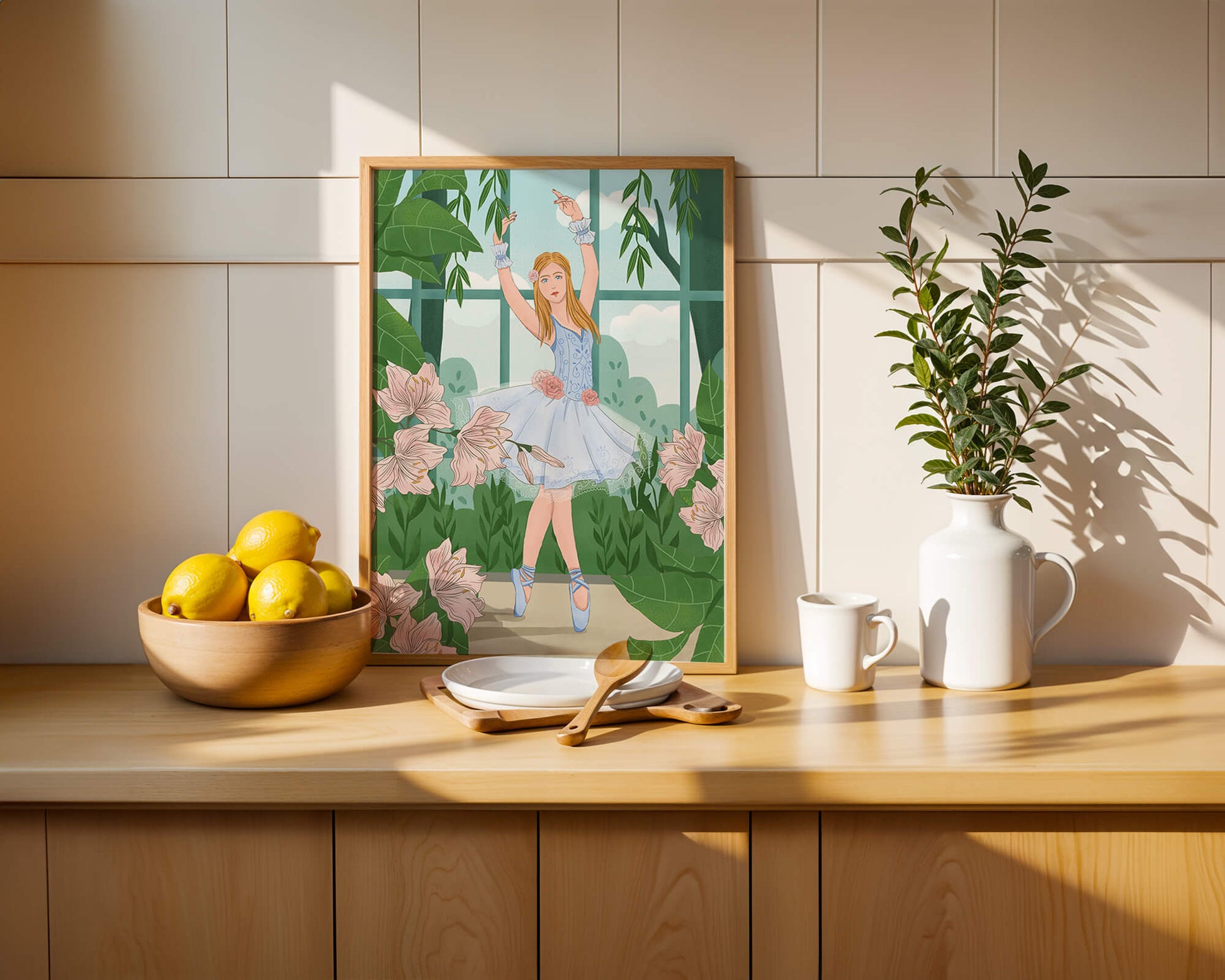 Elegant ballet dancer in a floral and botanical setting