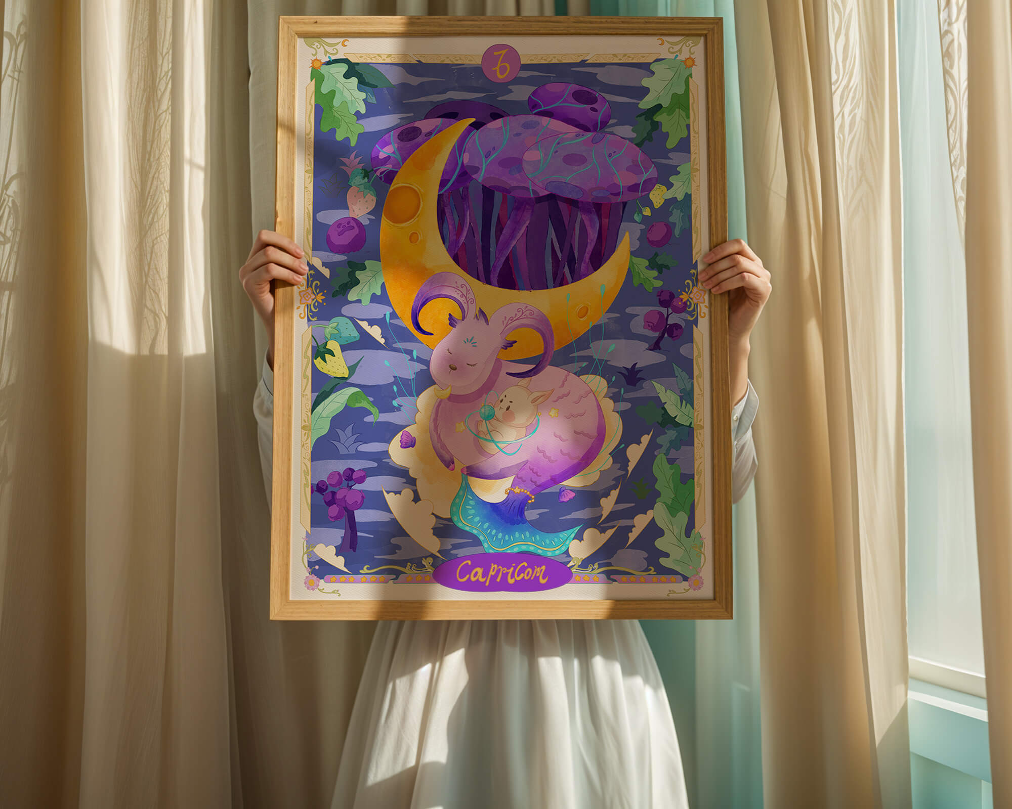 Colorful Capricorn zodiac illustration with fantasy elements