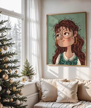 Illustration of a Thoughtful Girl with Glasses and Curly Hair