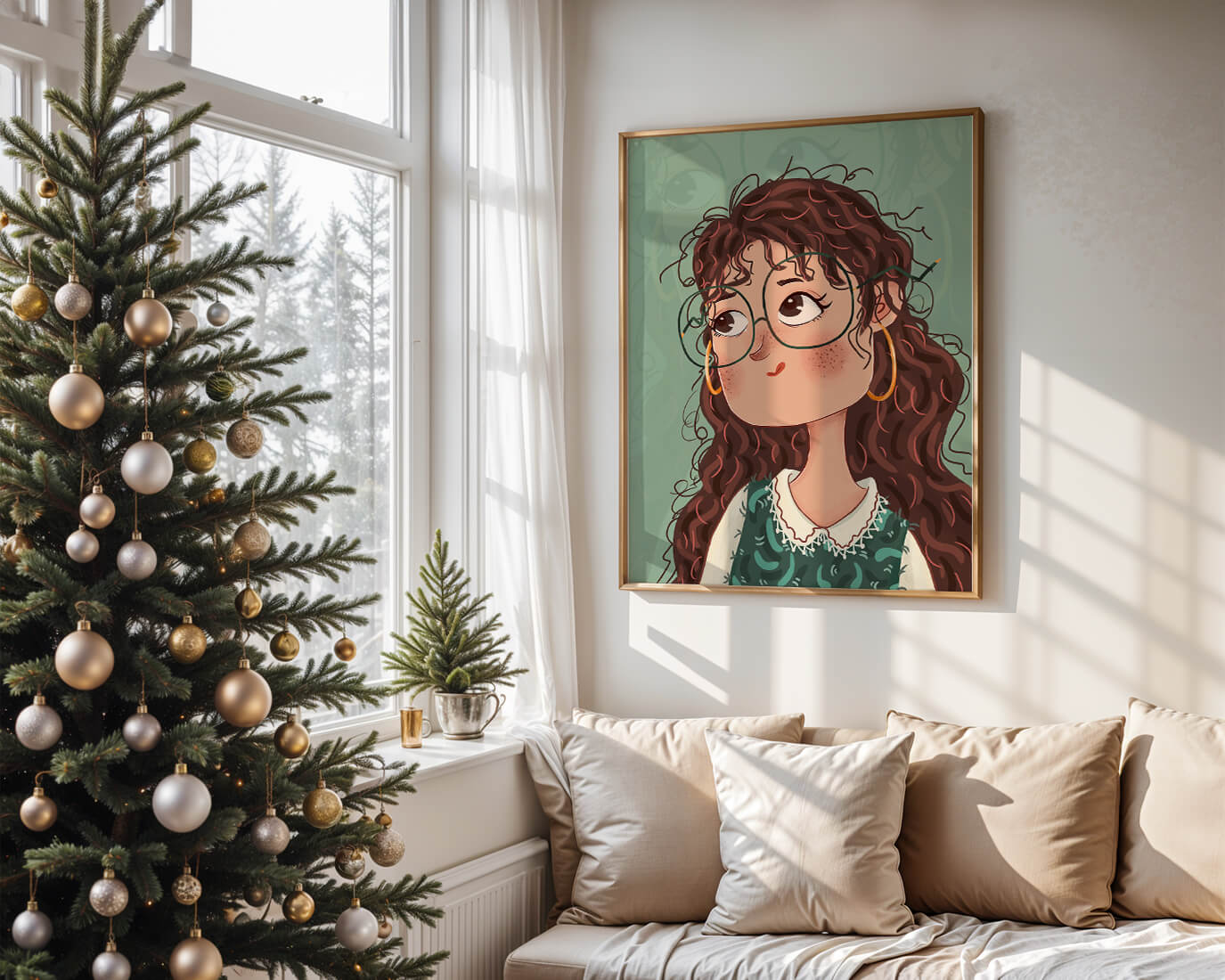 Ilustración de una chica pensativa con gafas y pelo rizado