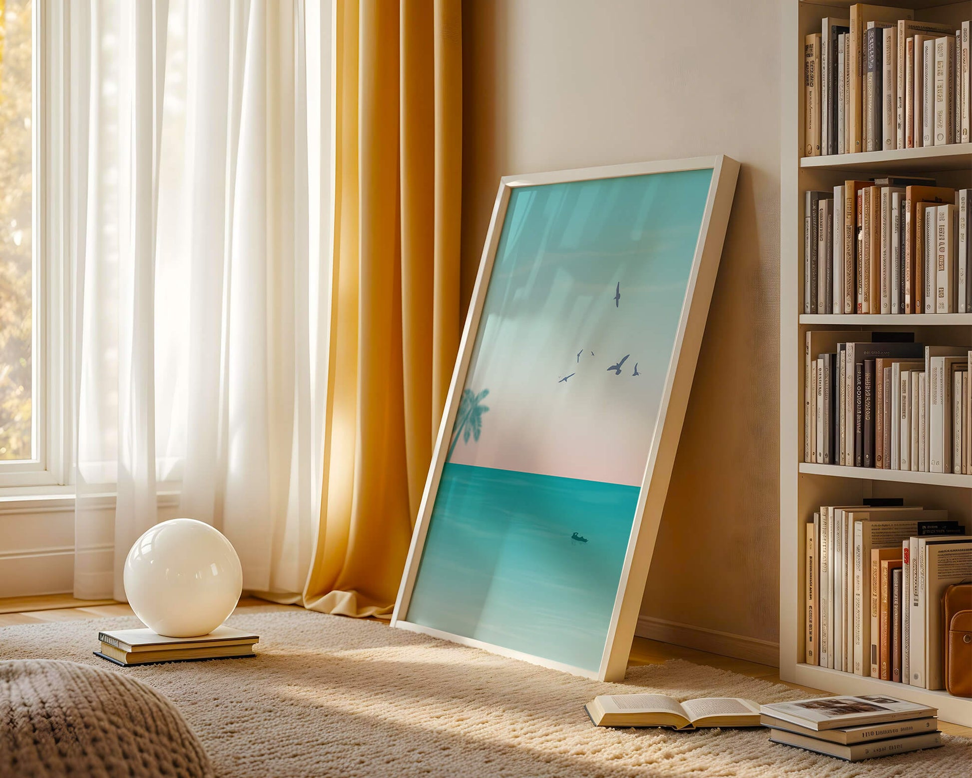 Serene Beach Landscape with Palm Trees and Seagulls at Sunset