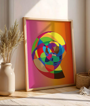 Vibrant abstract geometric shape with multicolored spiral on gradient background