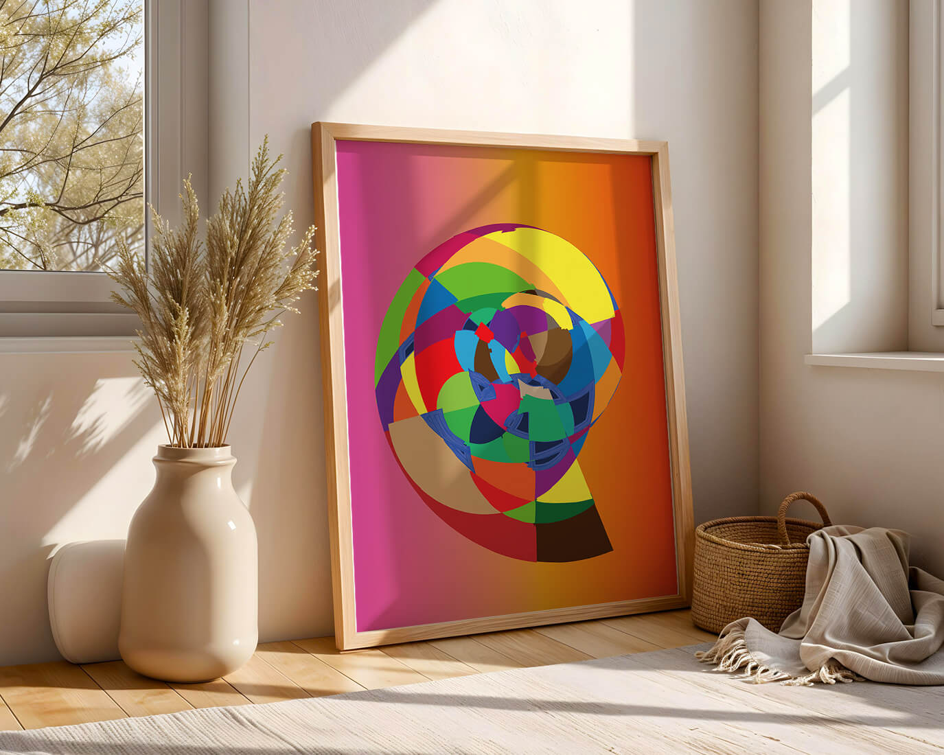 Vibrant abstract geometric shape with multicolored spiral on gradient background