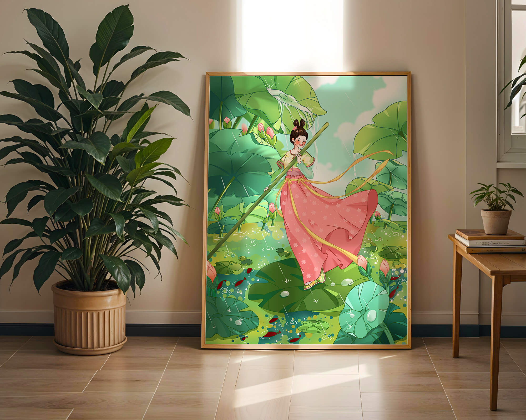 A whimsical scene of a girl in traditional dress among vibrant lotus leaves