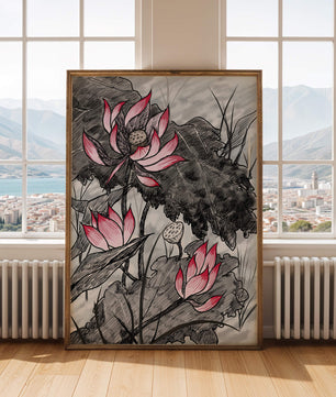 Illustration complexe de fleurs de lotus roses avec des feuilles