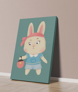Illustration d'un lapin cartoon avec un bandeau et un sac rond
